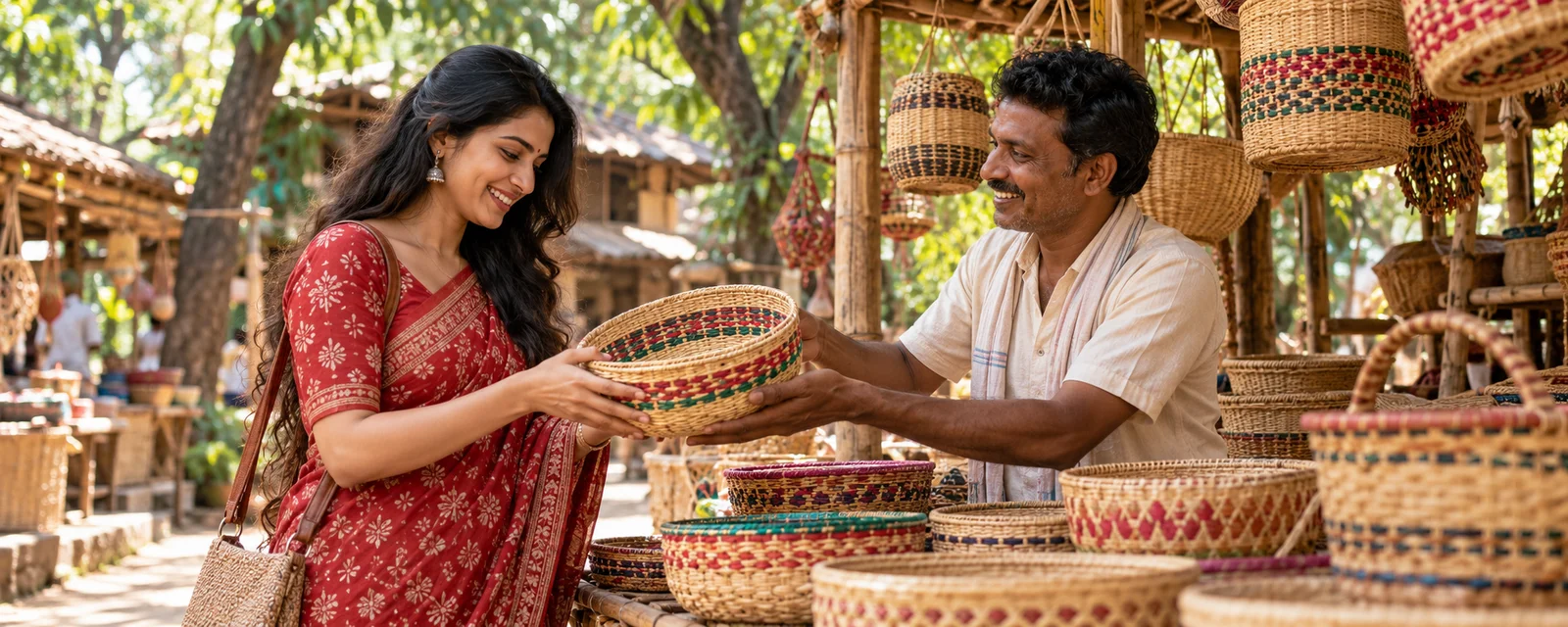 A woman browsing handcrafted baskets at an outdoor village market